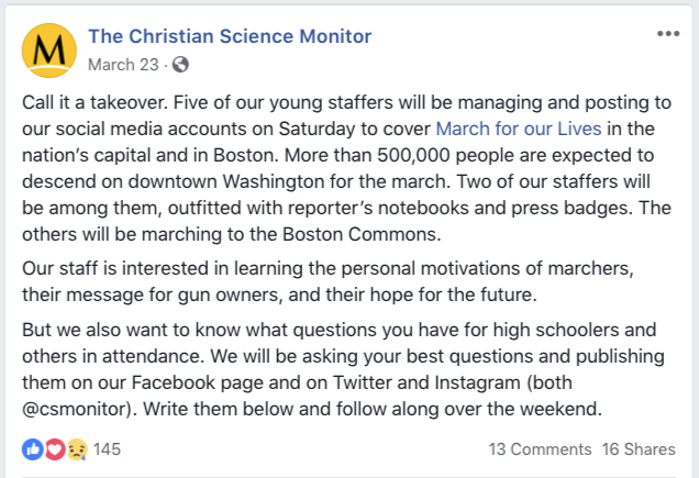 Screenshot from the Christian Science Monitor page on Facebook.