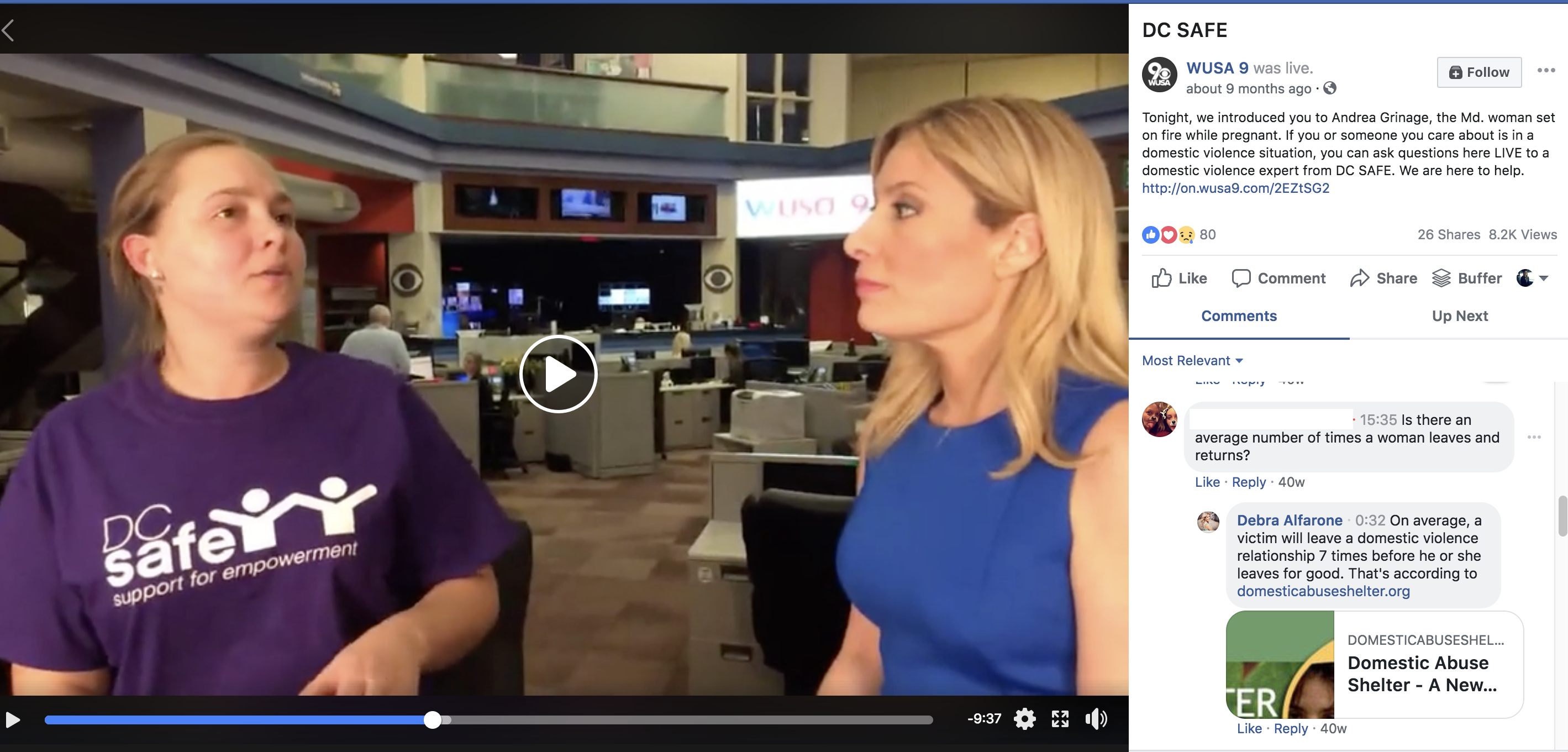 Screenshot from WUSA's Facebook page, showing an interview conducted on Facebook LIVE. 