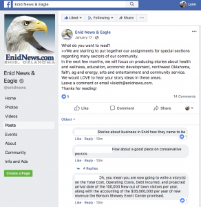 While putting together an annual newspaper edition focused on progress, Enid went to Facebook to ask for story ideas. They were specific about what types of topics the story ideas should be about and included an email address for where to send ideas. The newsroom saw this as a way to get fresh story ideas for something they work on every year.