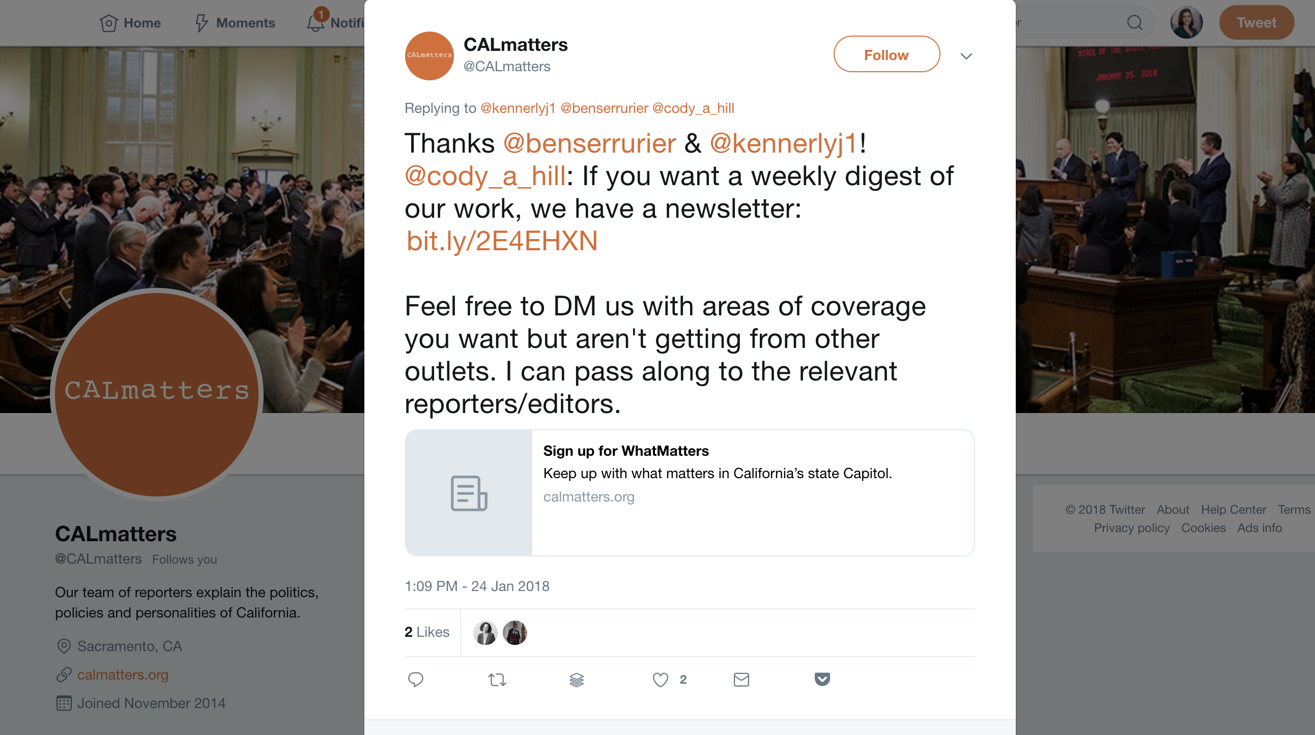 Screenshot from the @CALmatters account on Twitter: "Feel free to DM us with areas of coverage you want but aren't getting from other outlets. I can pass along to the relevant reporters/editors."