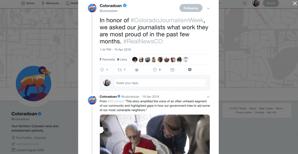 The Coloradoan used Twitter to share some of their best journalism. They timed it with Journalism Week, used the hashtag and got their reporters and editors involved.