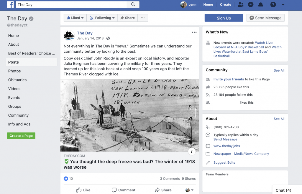The Day used Facebook to highlight a historic winter event from the past. In the post they mentioned the journalists who worked on the story by name and included information about how long they had been covering these topics to help demonstrate the journalists' credibility and expertise.