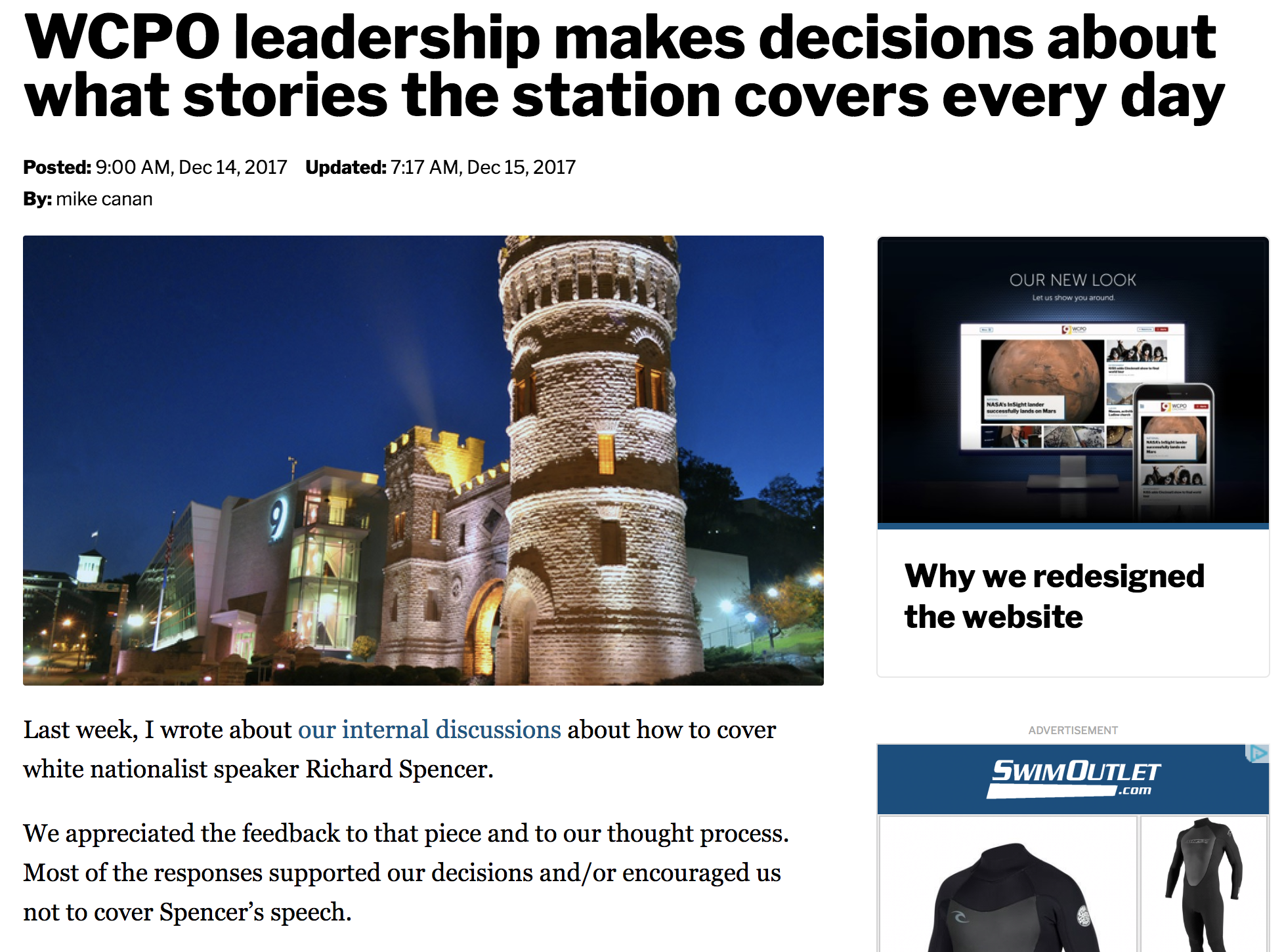 Screenshot from WCPO's website, showing a post with the headline: "WCPO leadership makes decisions about what stories the station covers every day"