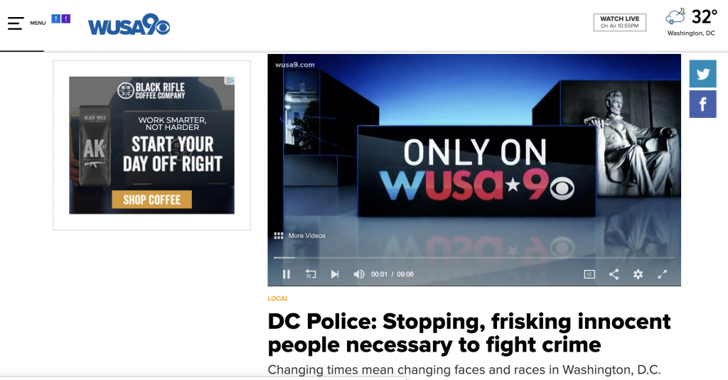 WUSA took time to highlight their coverage of stop and frisk laws in Washington, D.C. in their on-air broadcast. In highlighting their work, they also asked people to contact them if they have been stopped and frisked and then reminded their users: "our reporting is only as strong as the community we're honored to serve."