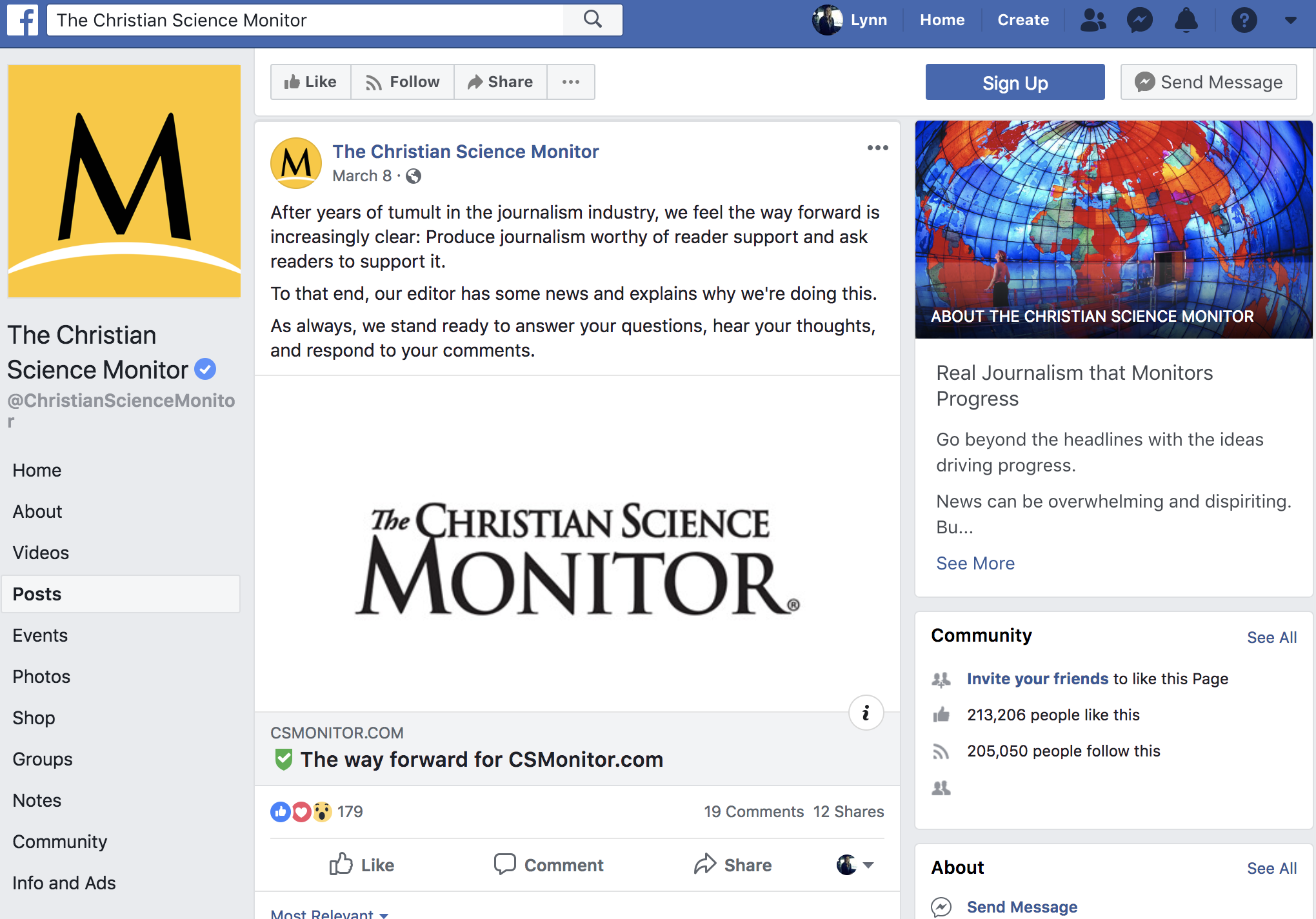 Screenshot from The Christian Science Monitor's Facebook page, explaining why the organization was implementing a paywall and inviting comments.