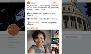 CALmatters took to Twitter to introduce three new staffers and their coverage areas. Framing the news in terms of reader impact (an investment in quality and expanded coverage) kept it from sounding like a stodgy press release, and the news organization said readers responded with excitement.