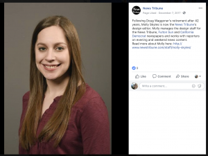 Behind-the-scenes roles like designers and editors aren't in the public eye as much as reporters--but you can still highlight the many skilled staffers who keep your news operation running. The Jefferson City News Tribune did just that by announcing the promotion of their design editor and sharing her credentials in a link. 