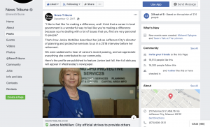 The Jefferson City News Tribune remembered a city employee who died by posting about her death on their Facebook page. The news organization found it was an easy way to highlight previous coverage featuring this individual and show their local ties to the community.
