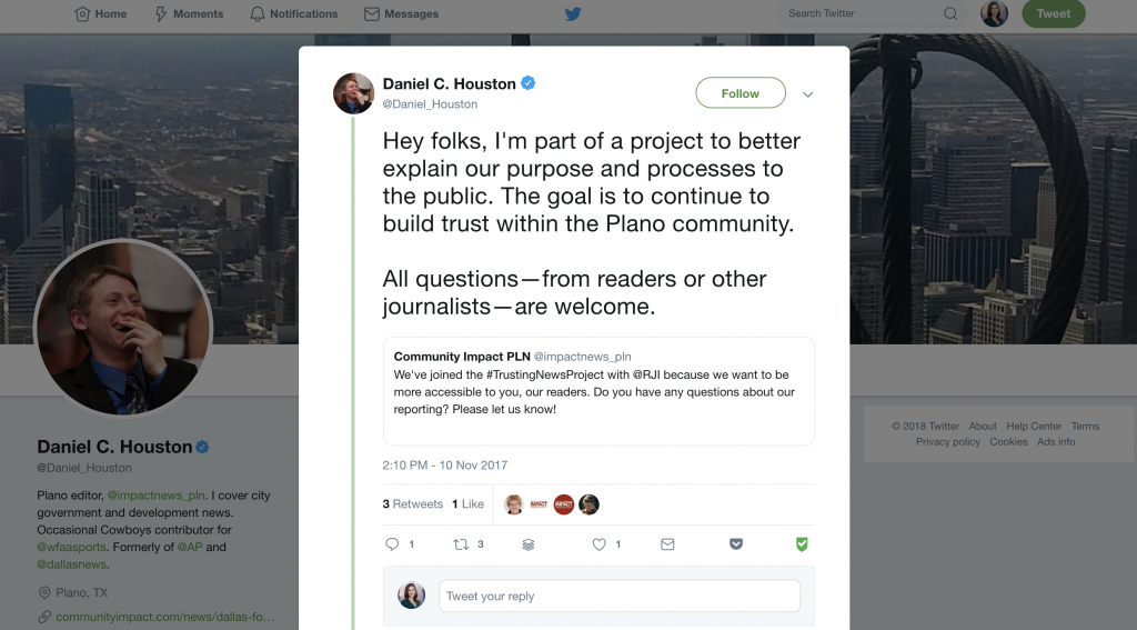 A journalist at the Community Impact newspaper group used Twitter to talk about the news organization's mission and explain journalism. The journalist used a personal account to share the information in a Twitter thread. He discussed how they work to be accurate in their reporting and offered to answer any questions people have about the news organization's coverage or journalism in general.