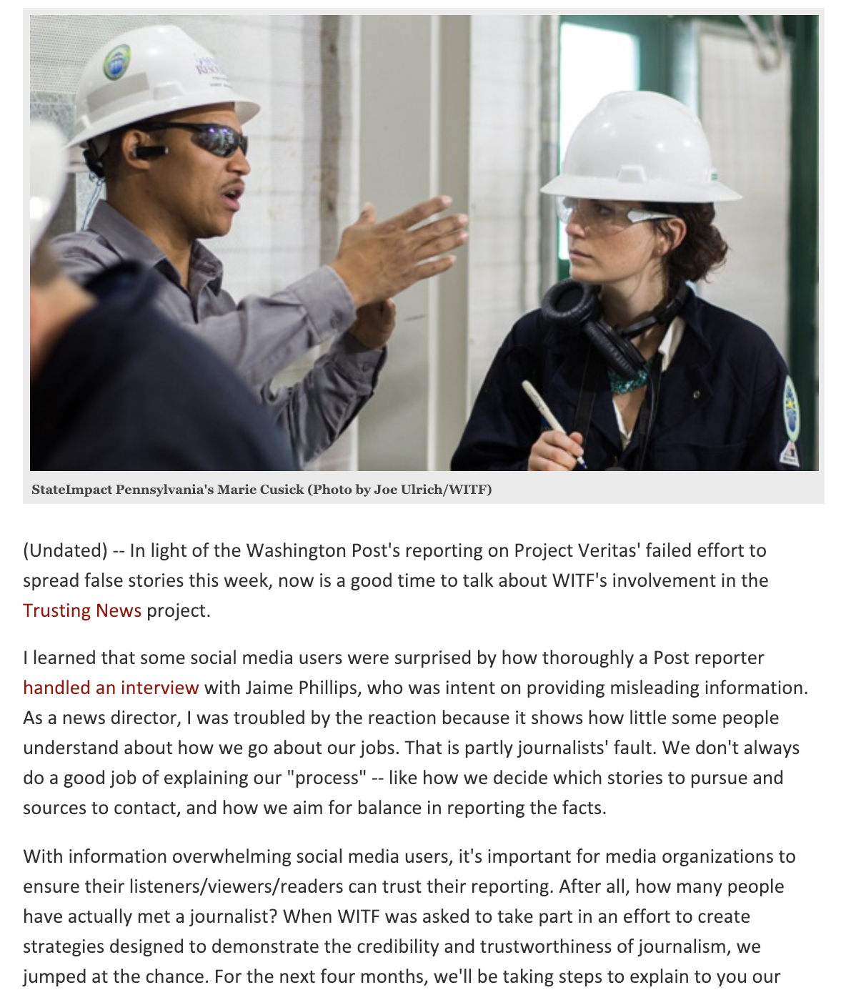 WITF discussed their participation in the Trusting News project in a post on their website. They also shared the post on Facebook and asked for feedback. Overall, WITF journalists said comments were positive.