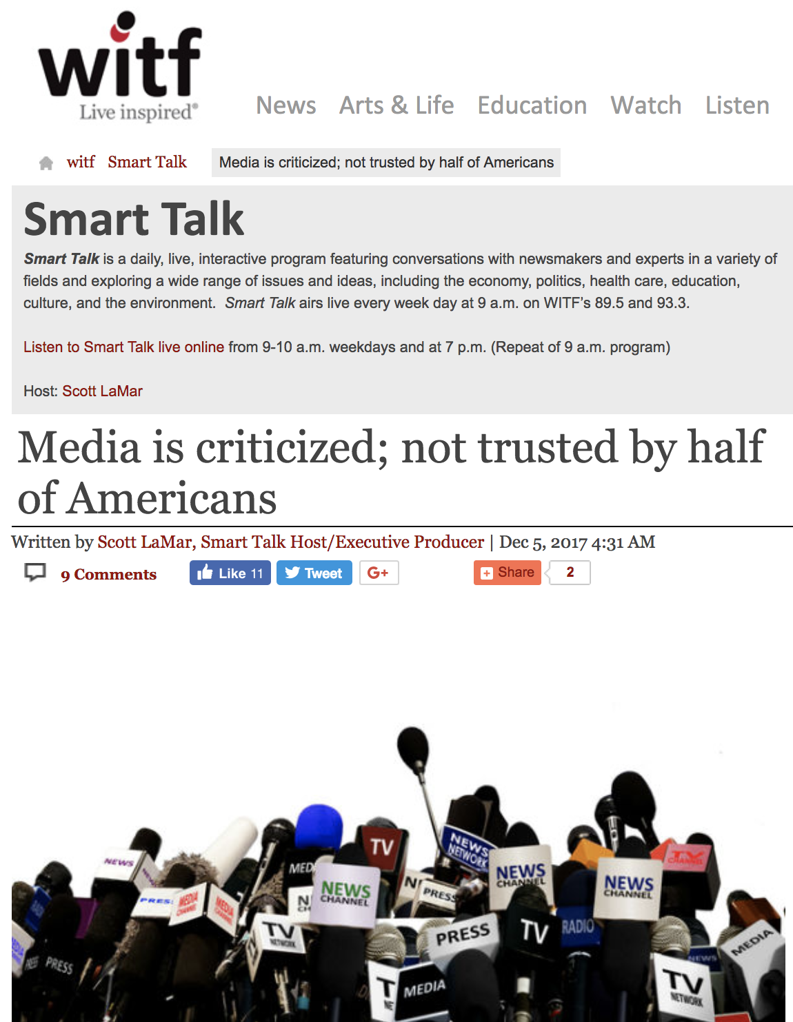 Screenshot from WITF's website, showing a post with the headline: "Media is criticized; not trusted by half of Americans"