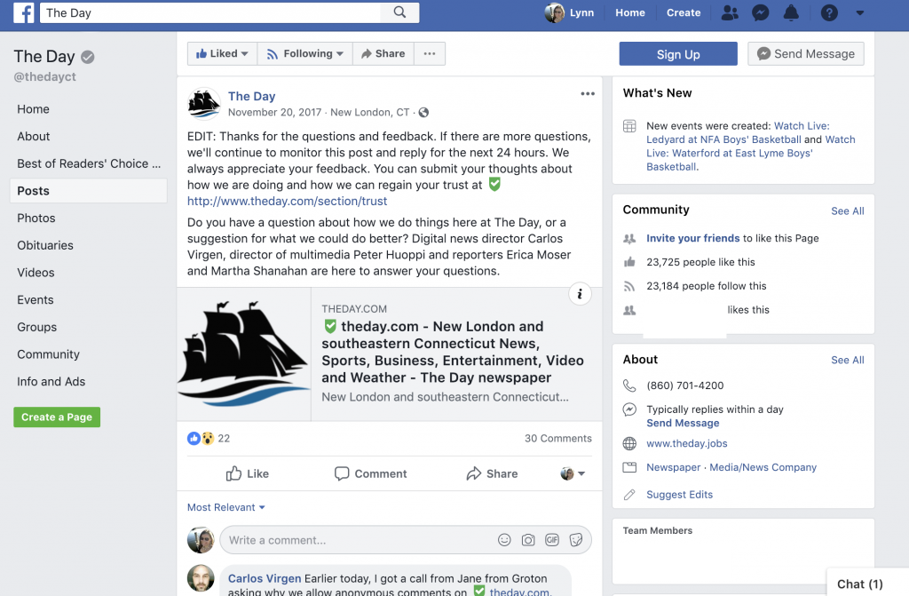 The Day used Facebook to answer questions from users about how their news process works. They used the opportunity to explain story selection, coverage priorities and their journalism ethics. The Q&A, conducted through the comments section of the post on Facebook, reached more than 5,000 people and almost all of the feedback was positive, even when the answer was not exactly what the user wanted to hear.