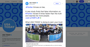 USA TODAY used Twitter to share how they are working to earn trust from users. While highlighting a timely stat about the spread of misinformation, the news organization included a link to a story they wrote about why earning user trust is important to them.