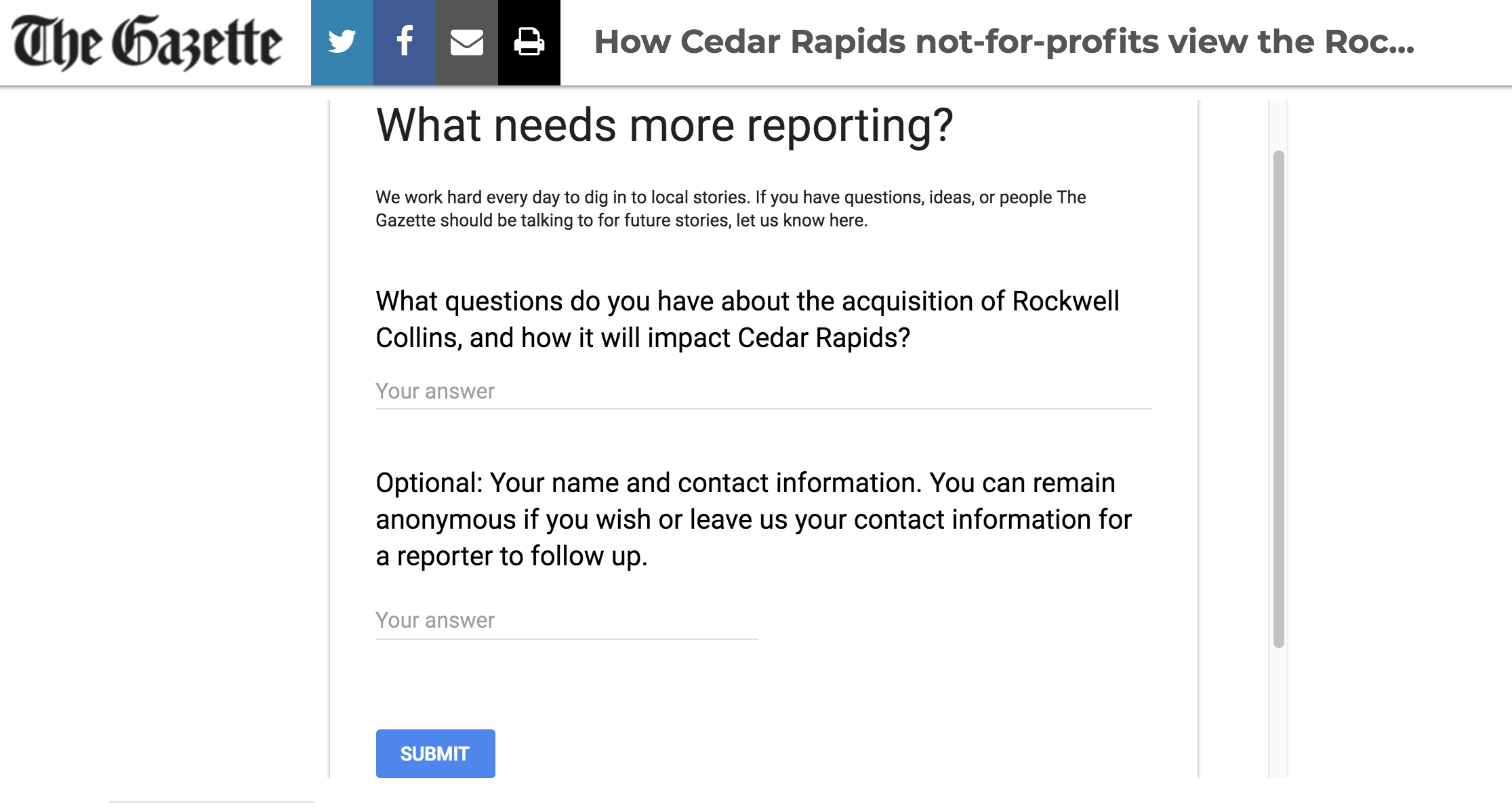 Screenshot showing a form embedded on thegazette.com, asking readers "What questions do you have?"